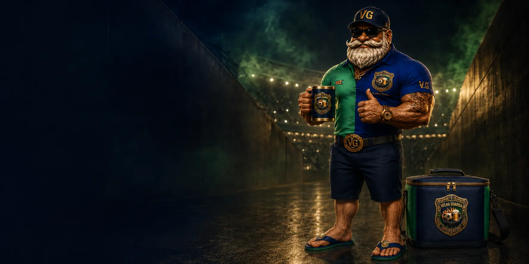 Mascote da Velha Guarda de bermuda apresentando a coleção VG Store